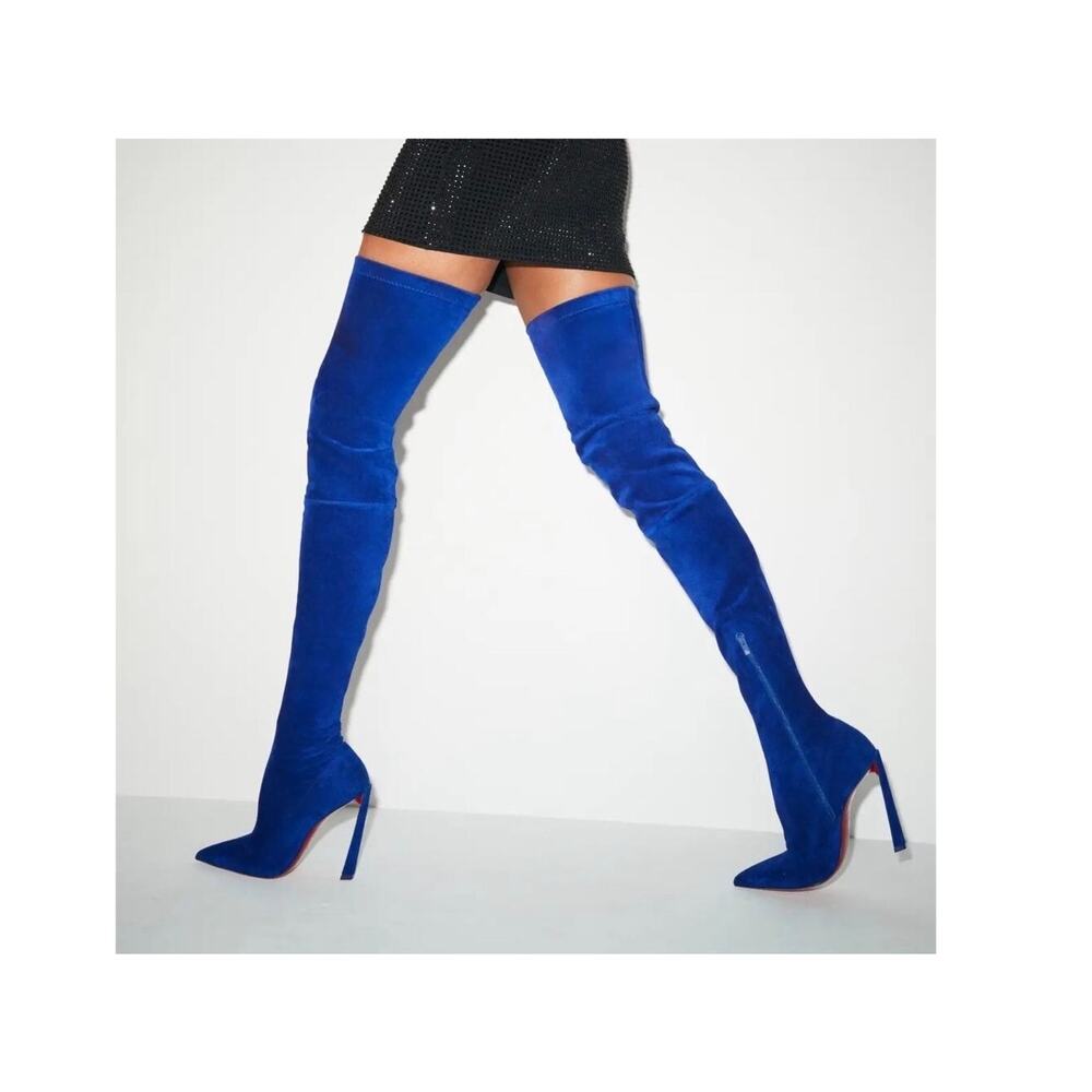Christian Louboutin Condora Botta Alta Galactiqueen Blue Suede OTK Boots EU 41.5